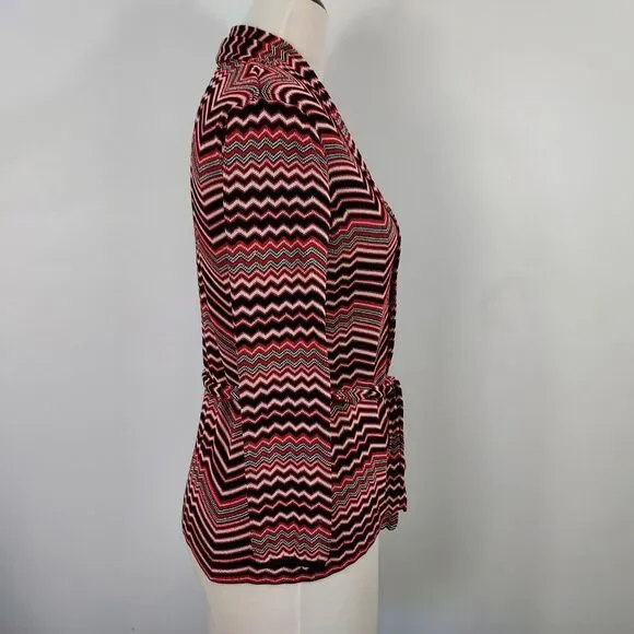 Anne Klein Chevron Cardigan Sweater size Small Open Front Tie Belt Red Black - Picture 5 of 11